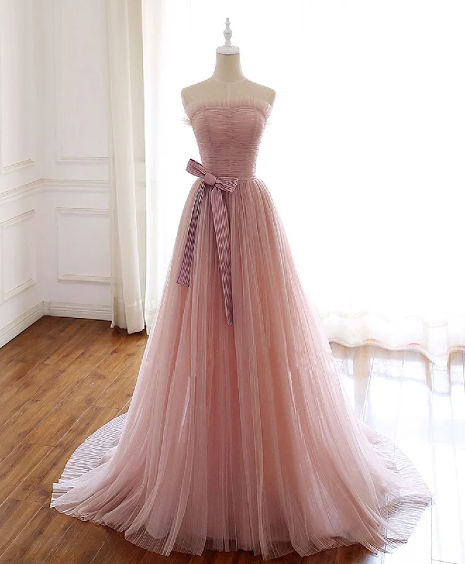 Simple Pink Tulle Long Prom Dress, Aline Pink Tulle Formal Party Dresses