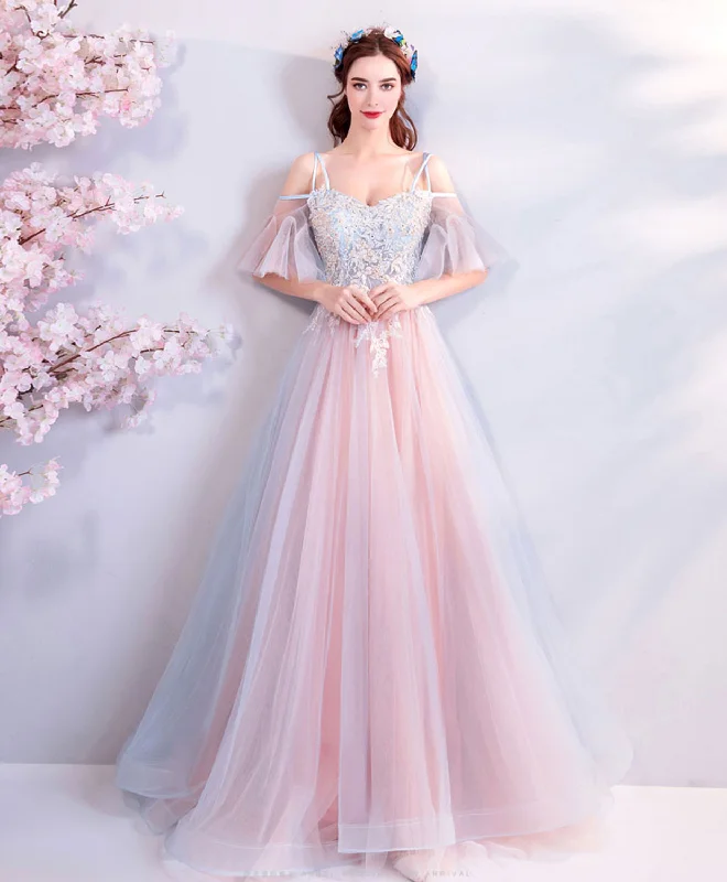 Unique Pink Tulle Lace Applique Long Prom Dress, Pink Formal Party Dresses