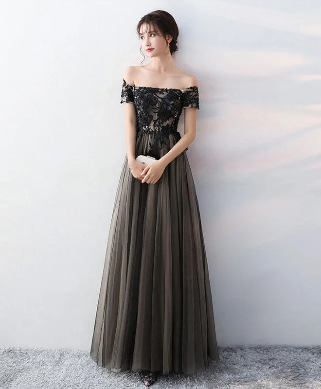 Black Lace Tulle Long Prom Dress, Black Formal Party Dress