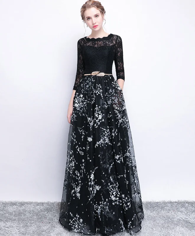 Black Lace Long Prom Dress, Long Sleeve Evening Party Dress