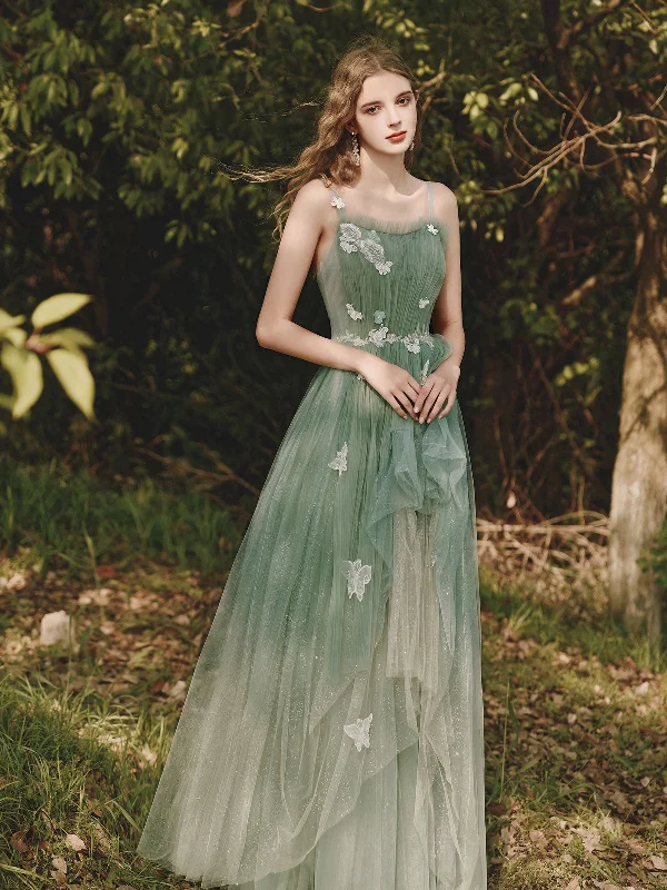 Green Tulle Lace Long Prom Dress, Green A line Formal Party Dress with Applique