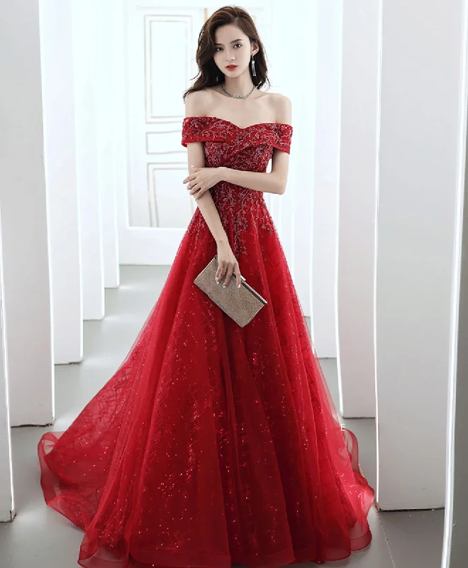 Burgundy Off Shoulder Tulle Lace Long Prom Dress, Burgundy Formal Party Dress