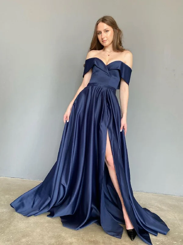 Blue Sweetheart Off Shoulder Satin Long Prom Dress, Blue Formal Graduation Party Dress