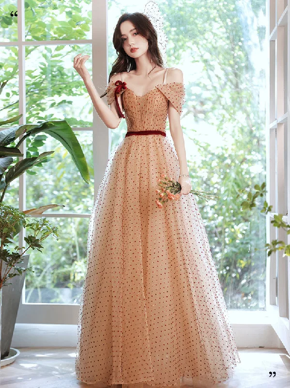 A line Champagne Long Prom Dresses, Champagne Formal Party Evening Dresses