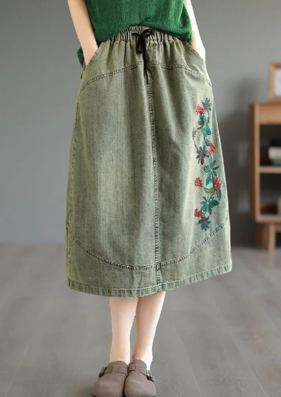 Green Summer Retro Embroidery Cotton Denim Skirt