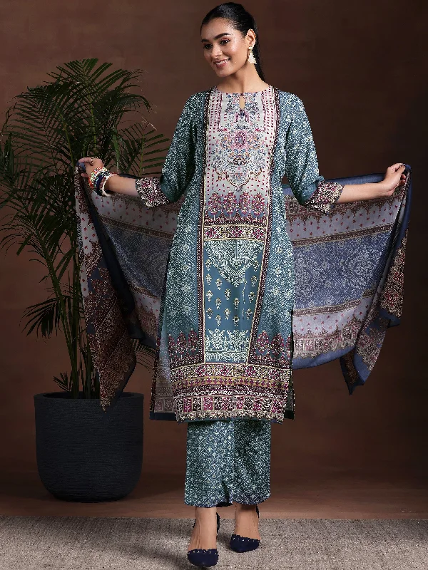 Grey Printed Poly Crepe Straight Suit With Dupatta