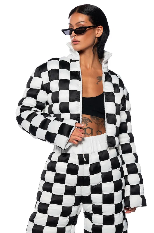 CHECK MATE WOVEN CROP BOMBER