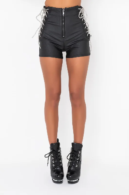 MARGOT RHINESTONE LACE UP FAUX LEATHER SHORTS